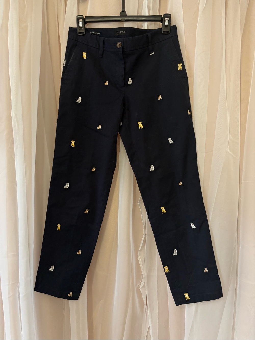 Talbots Size 0P Navy Relaxed Chino Pants Embroidered Summer Dogs Critter Cotton